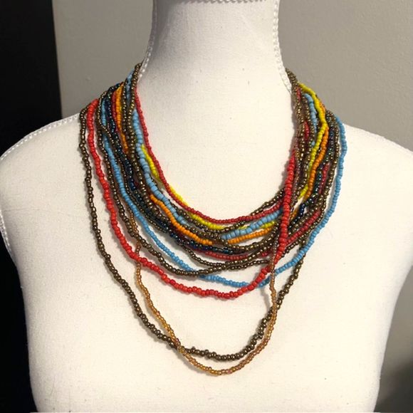 Multi Strand Seed Beads Necklace Multicolored Cascade Ethnic Boho Necklace - Picture 3 of 9